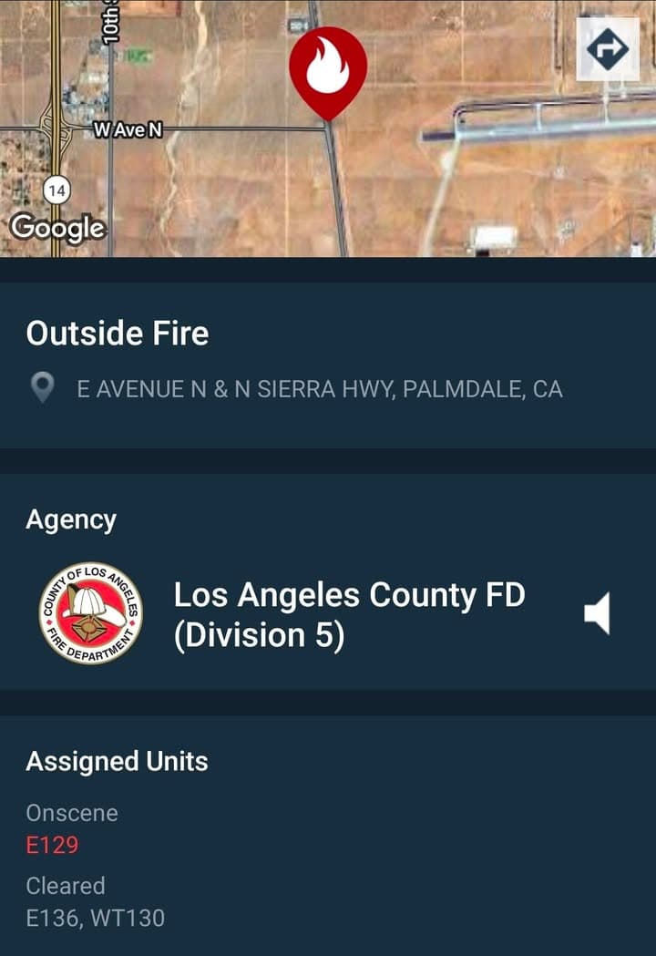 904B....Sierra Highway and Avenue N....caller states fire in field north of intersection....sheriff...
