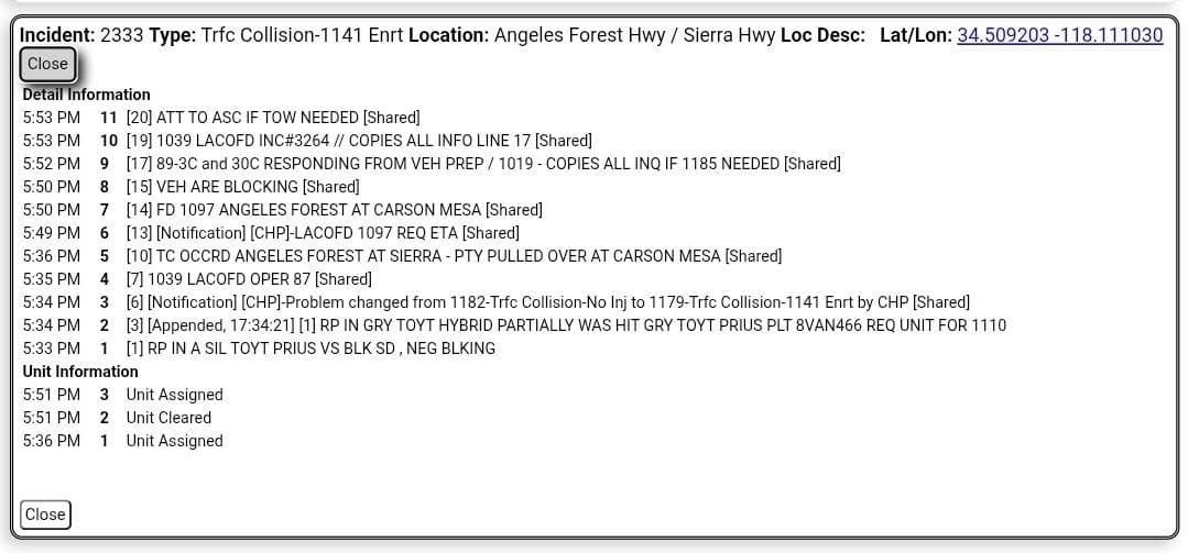 11-79....Angeles Forest and Sierra Highway....two vehicle collision, silver Prius vs black sedan....CHP...