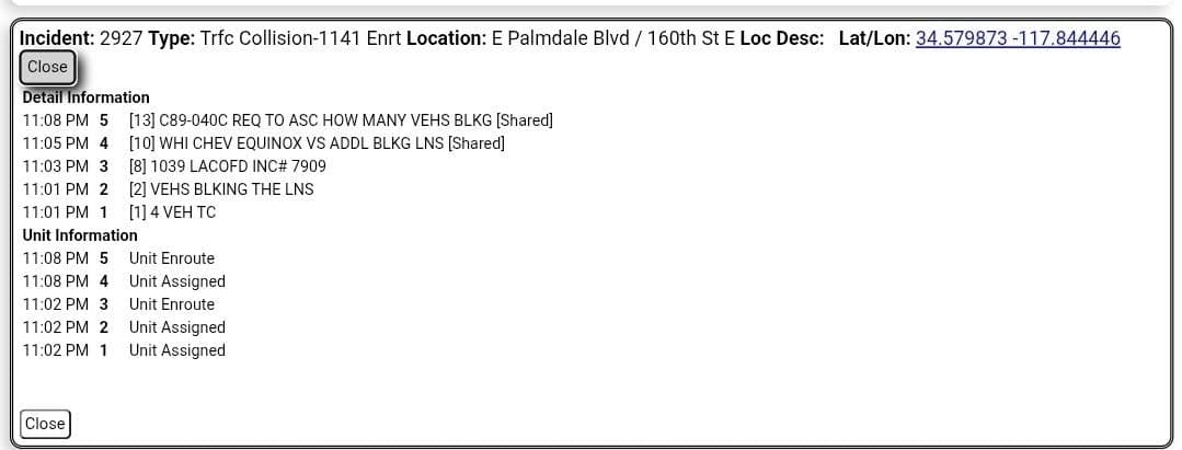 11-79....Palmdale Blvd and 160th Street East....four vehicle collision....CHP and FD enroute code...