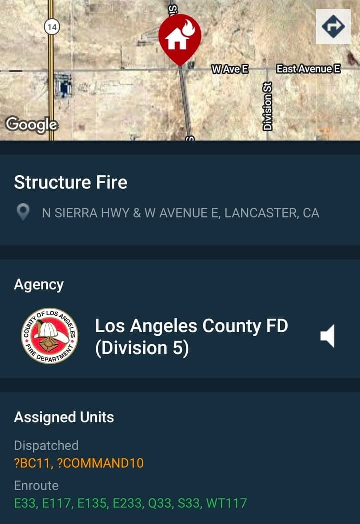 904S....Sierra Highway and Avenue E....reported structure fire....sheriff and FD enroute code 3...