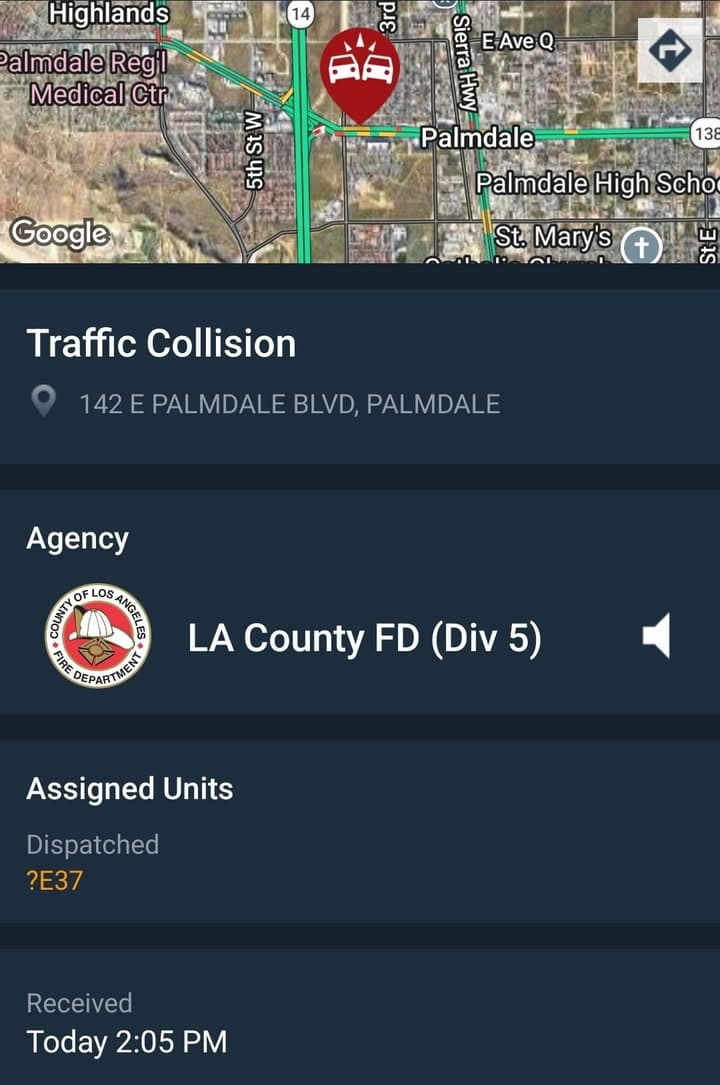 902T/902R.....142 East Palmdale Blvd at In N Out....two vehicle collision....sheriff and FD...