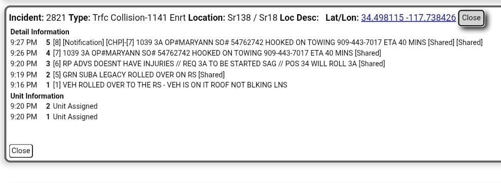 11-79....Highway 138 at Highway 18....solo vehicle rollover, green Subaru Legacy....CHP and FD...
