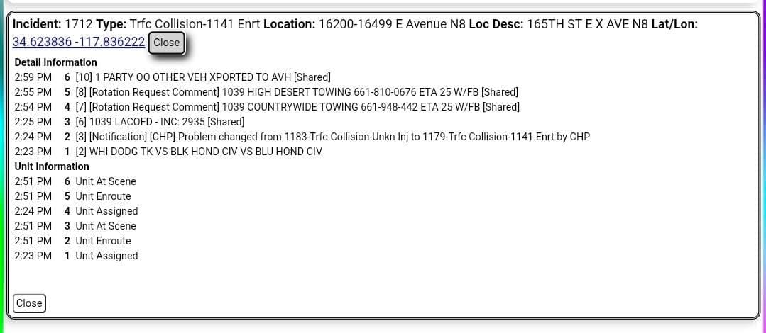 11-79....165th Street East and Avenue N-8....three vehicle collision....CHP and FD enroute code...