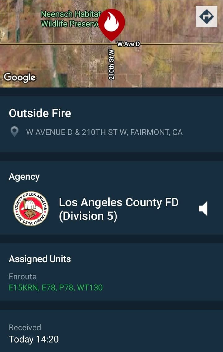 904....210th Street West and Avenue D....caller states fire in desert near power...