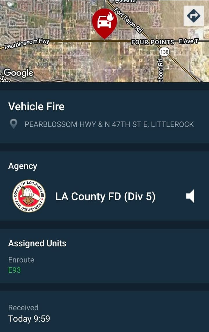 904A....47th Street East and Pearblossom Highway....vehicle on fire....sheriff and FD enroute code...
