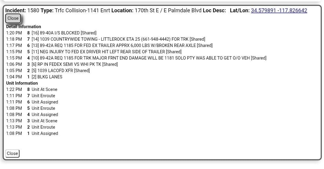 11-79....170th Street East and Palmdale Blvd....pickup truck vs FedEx semi truck, possible...