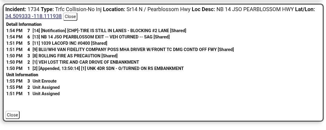 11-79....Northbound 14 and Pearblossom....vehicle lost tire and overturned on right side embankment....CHP...