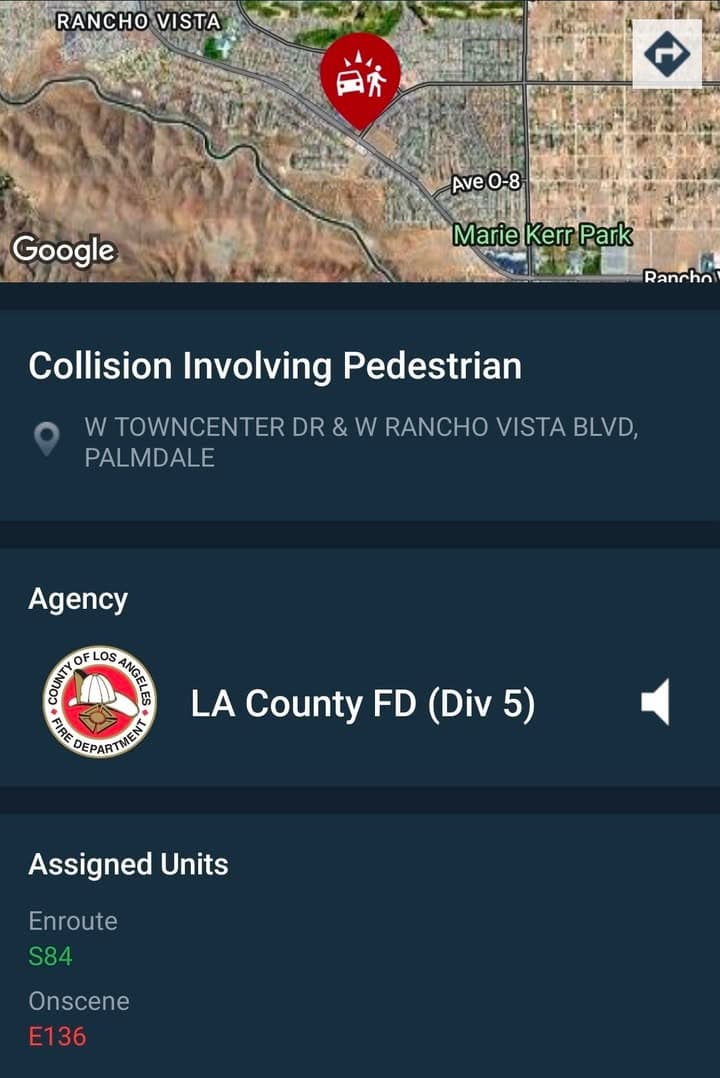 480 · Rancho Vista and Town Center Drive · hit and run, vehicle vs pedestrian · sheriff and FD enroute code 3
