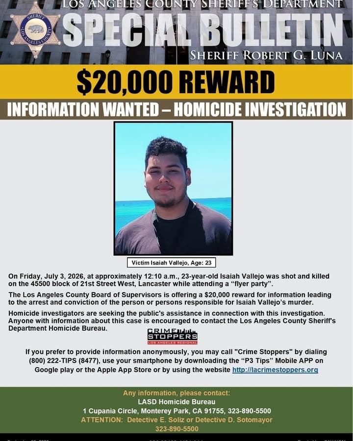 #LASD Information Wanted in the Murder of Isaiah Vallejo #Lancaster