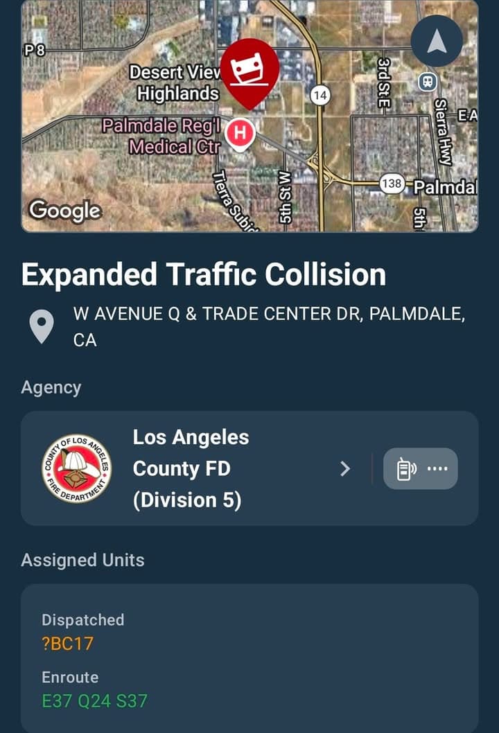 901T/902R · Trade Center Drive and Avenue Q · two vehicle collision, possible entrapment · sheriff and FD enroute code 3