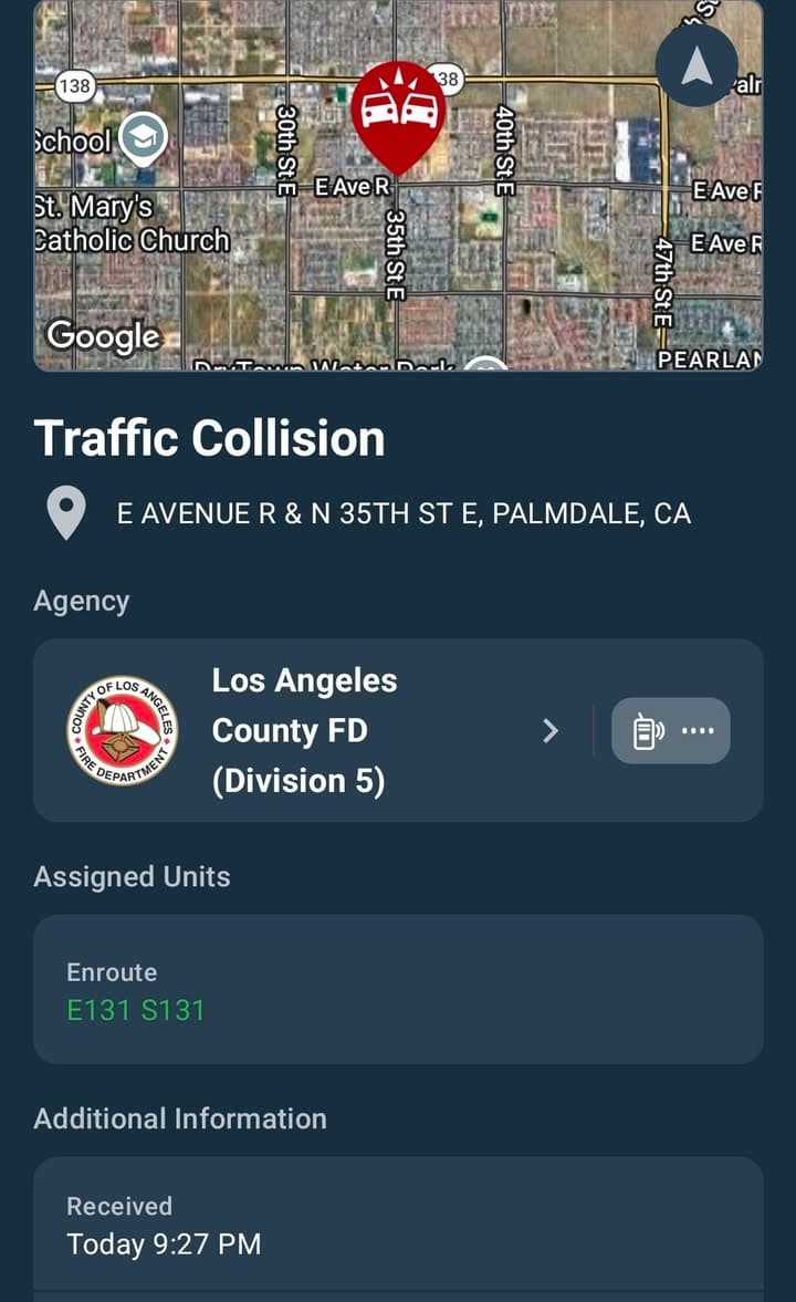 901T/902R · 35th Street East and Avenue R · vehicle vs motorcycle · sheriff and FD enroute code 3