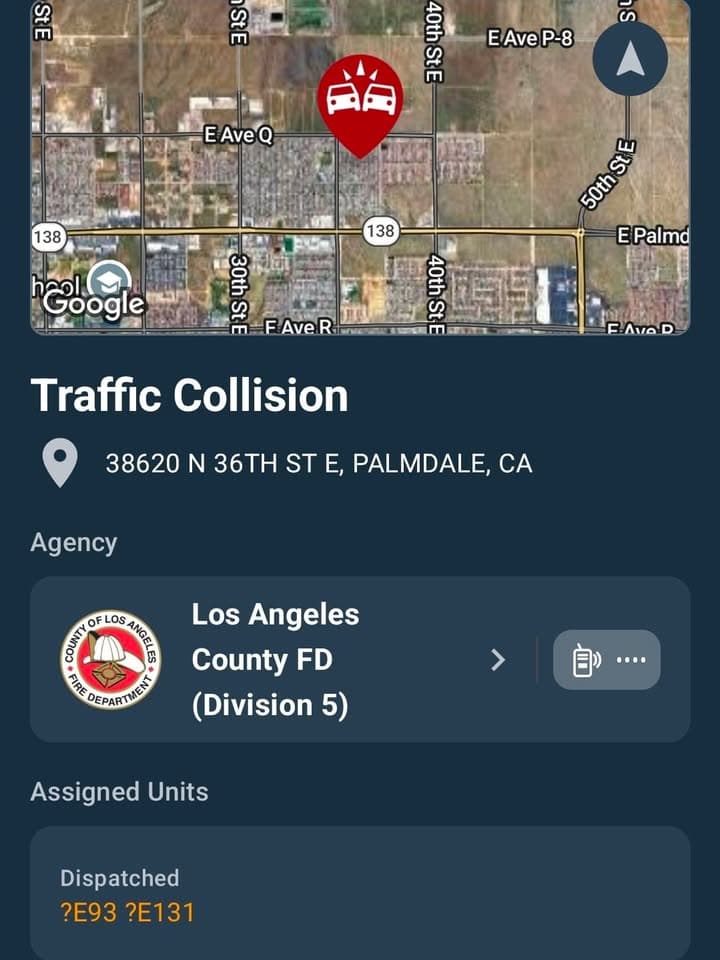 902T/902R · 36th Street East between Avenue Q and Avenue Q-4 · two vehicle collision · sheriff and FD enroute code 3