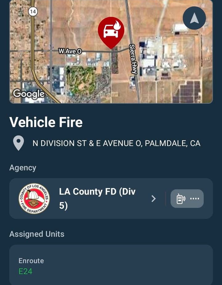 Reported vehicle fire · Division Street and Avenue O · reported vehicle on fire · FD enroute code 3