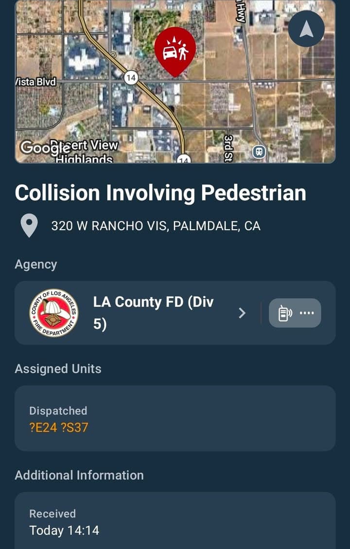 902T/902R · 320 Rancho Vista Blvd · vehicle vs pedestrian · sheriff and FD enroute code 3