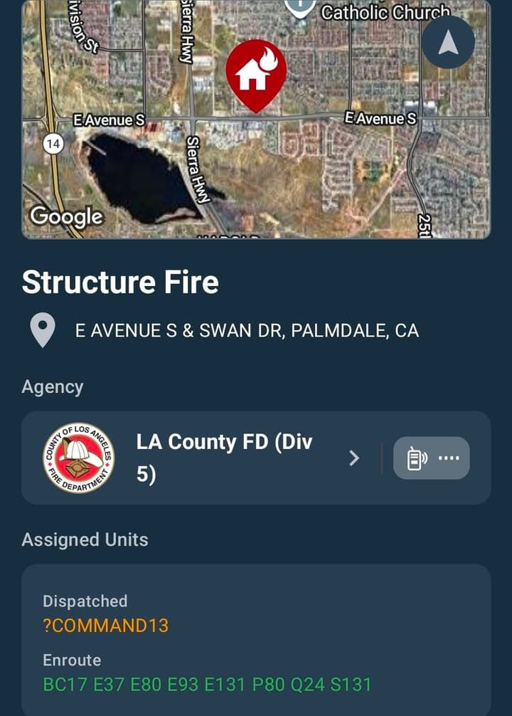 904S · Avenue S and Swan Drive · caller states appears a shed is on fire · sheriff and FD enroute code 3
