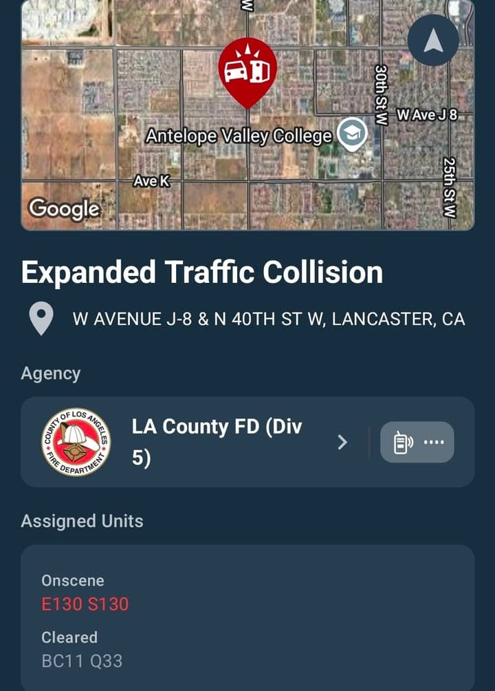 Traffic collision with possible entrapment on 40th Street West and Avenue J-8 · LPD and FD enroute code 3